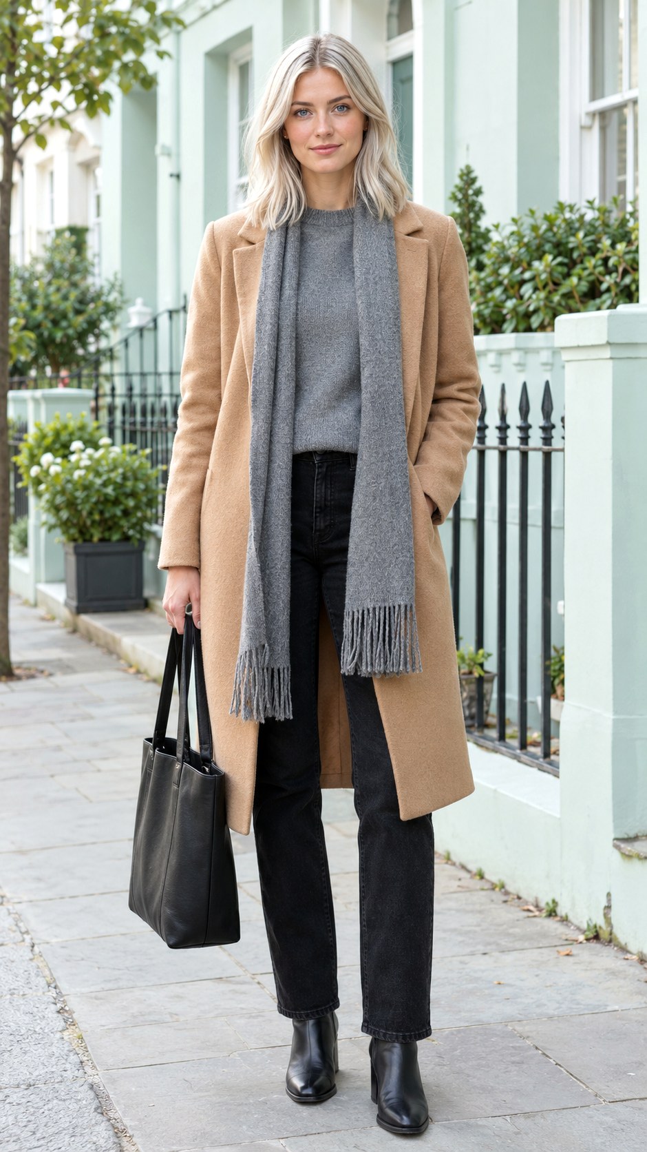Camel Coat With Gray Knitwear - 20 fall capsule wardrobe ideas