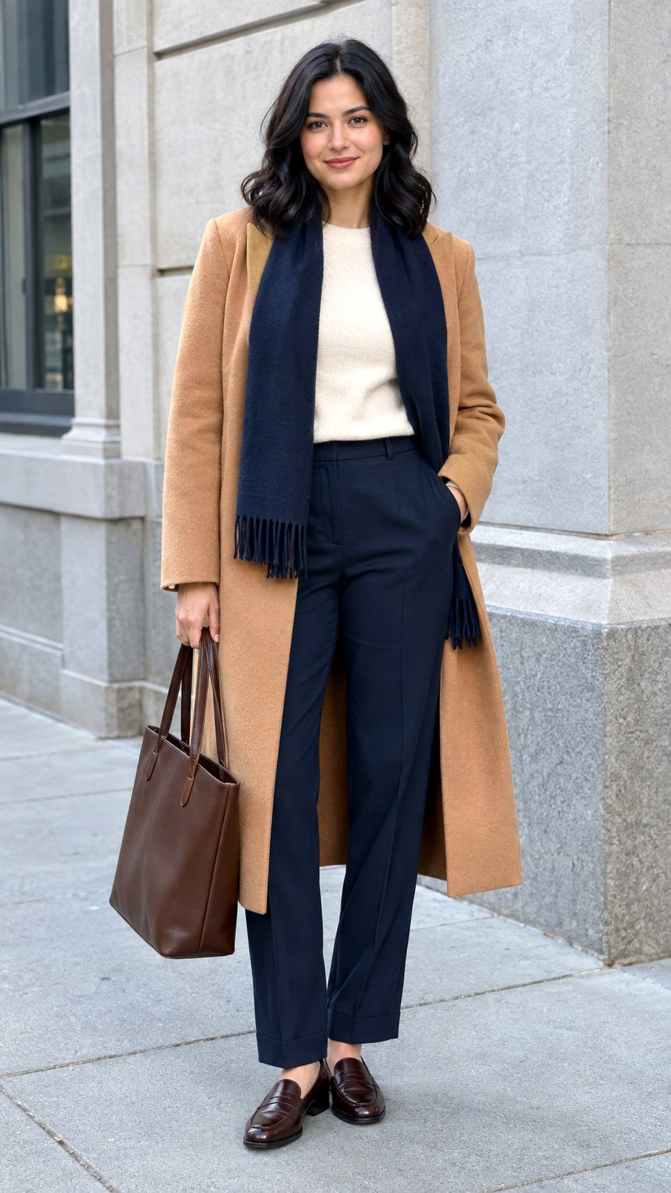 Camel Coat With Navy Trousers - 20 autumn outfit ideas