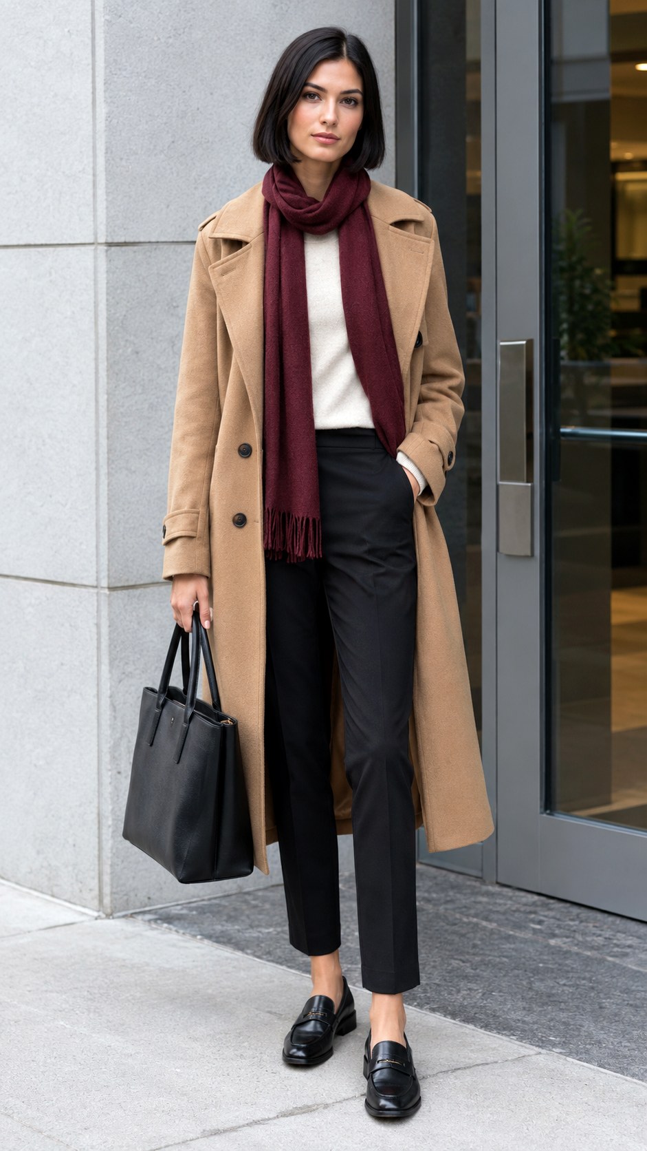 Camel Trench Coat With Black Trousers - 20 fall clothes outfit ideas