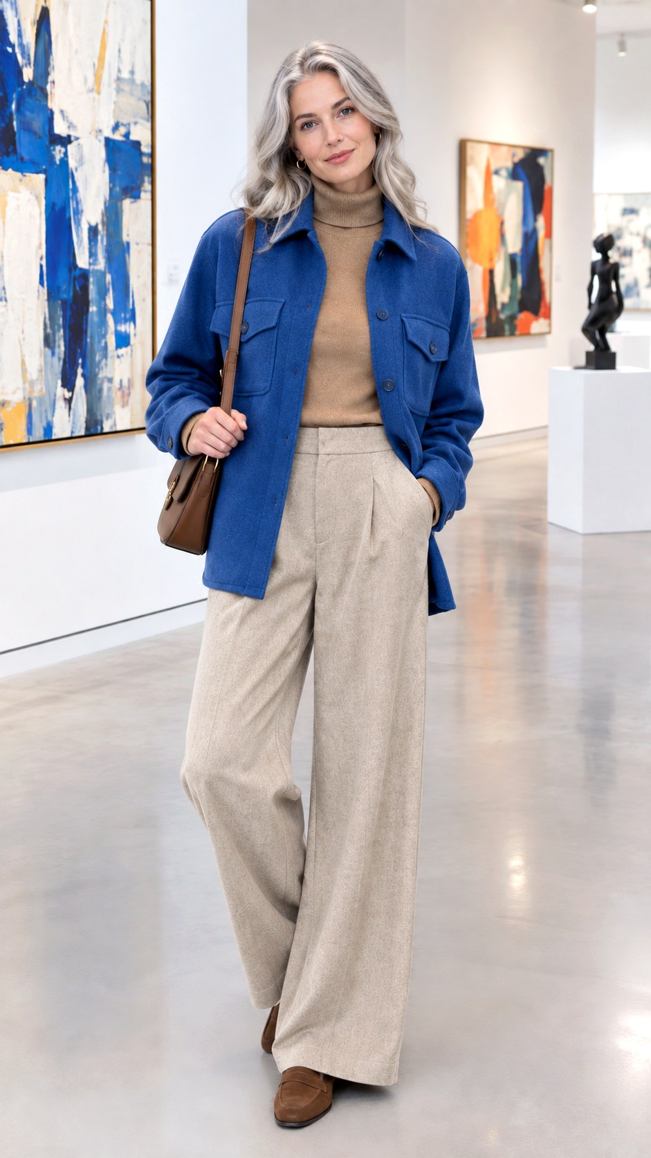 Camel Turtleneck and Wide Leg Wool Trousers - 20 blue shacket outfit ideas