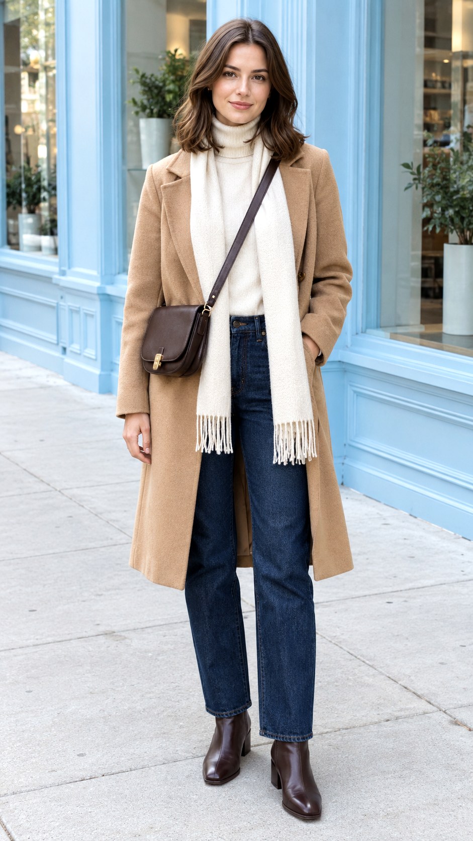 Camel Wool Coat With Straight Leg Jeans - 20 warm autumn outfits