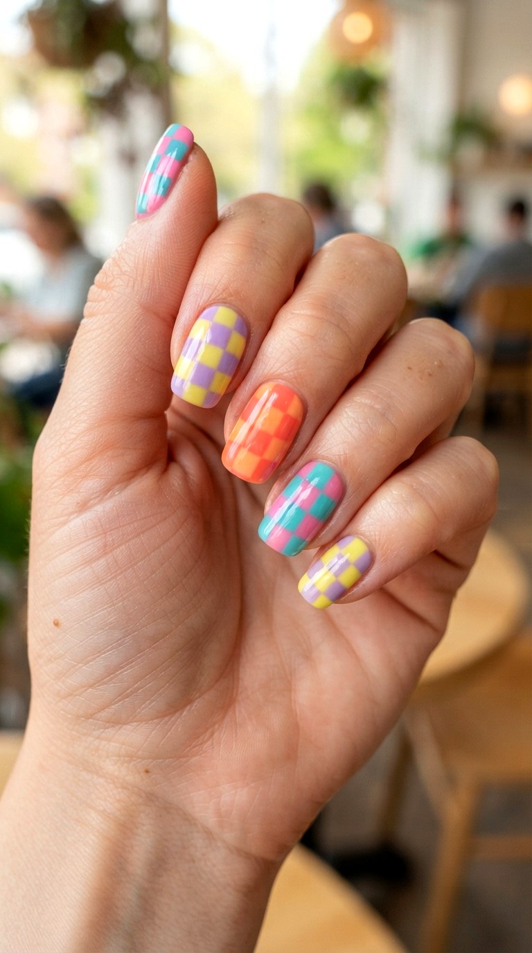 Candy Color Checkerboard Nails - 25 brigh spring funky nail ideas