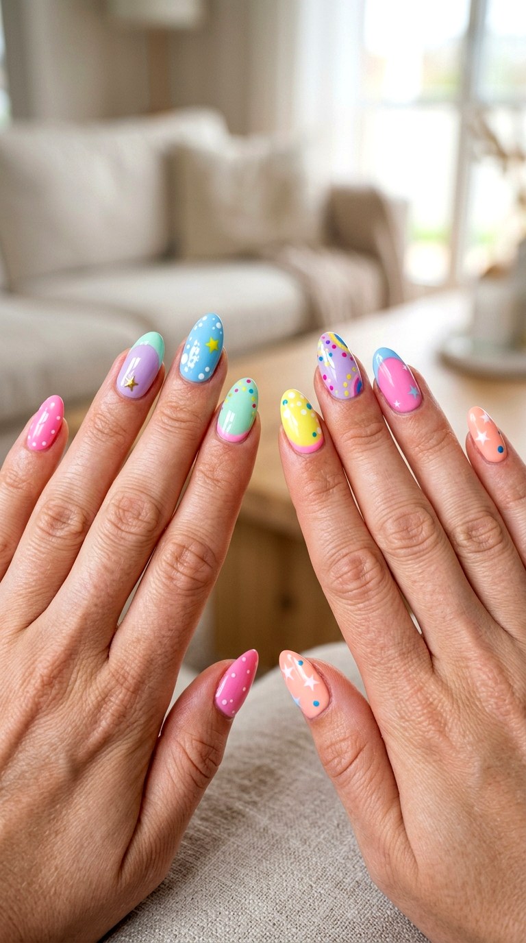 Candy Color Star Nails - 22 colorful mix and match star nail ideas