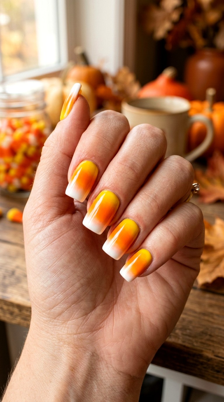 Candy Corn Gradient Nails - 21 cute halloween nail ideas