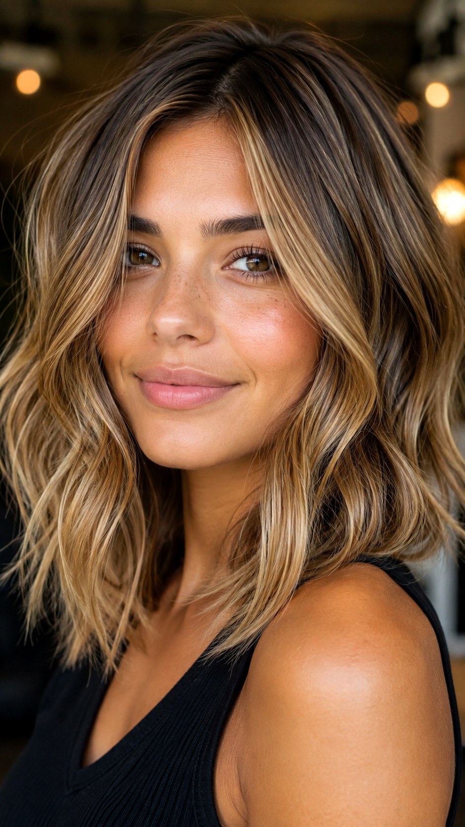 Caramel Balayage on Textured Lob - 24 short hair highlights ideas
