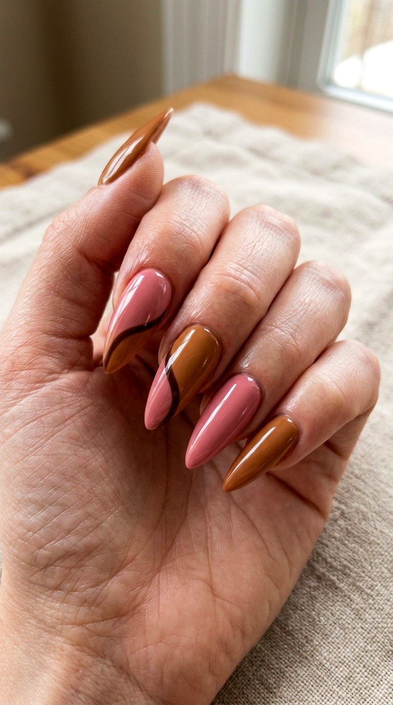 Caramel Brown And Rose Pink - 22 short stilleto nail with pink and brown nail art inspiration ideas
