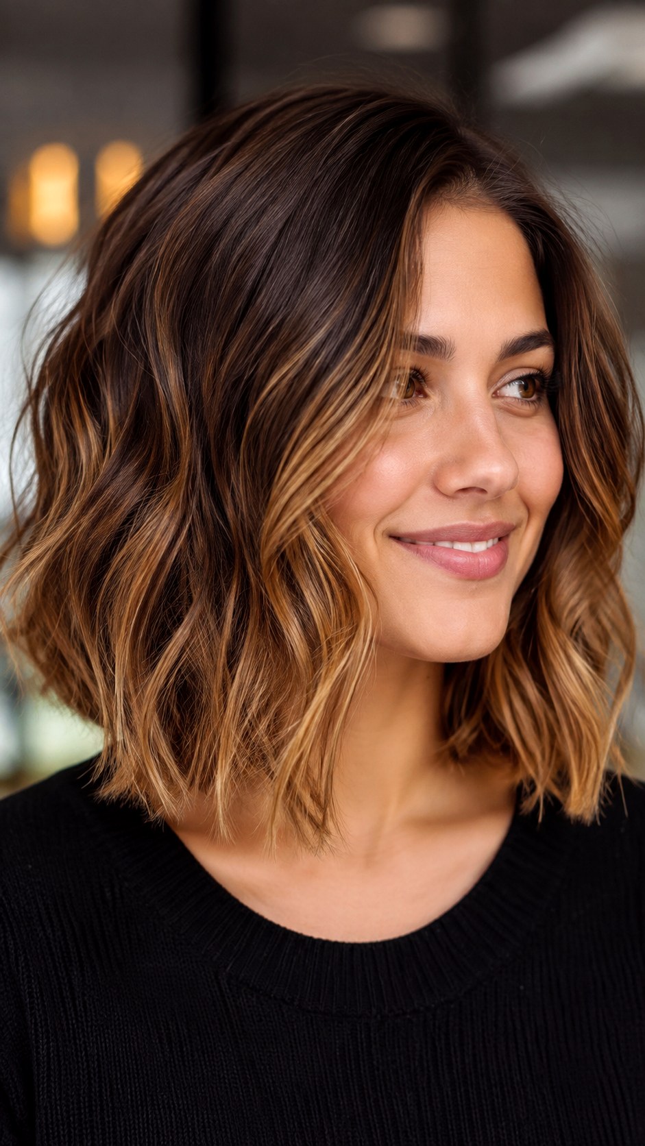 Caramel Drizzle Wavy Lob - 23 wavy hair highlights ideas