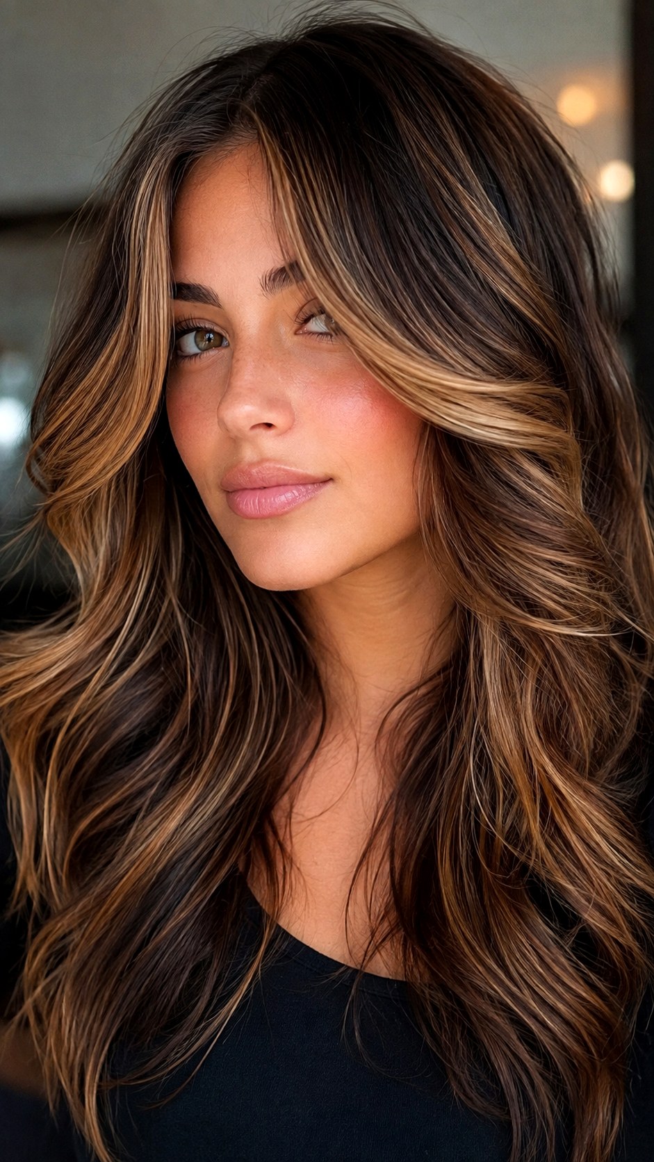 Caramel Ribbon Balayage Soft Fringe long curtain bangs - 22 Long Curtain Bangs Ideas