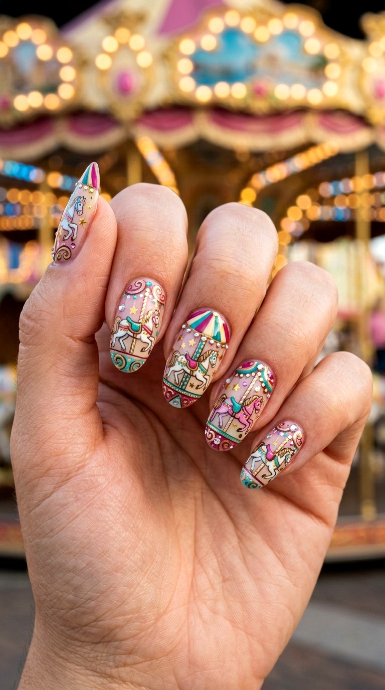 Cartoon Carousel Lights Nails - 25 cartoon Park nail ideas