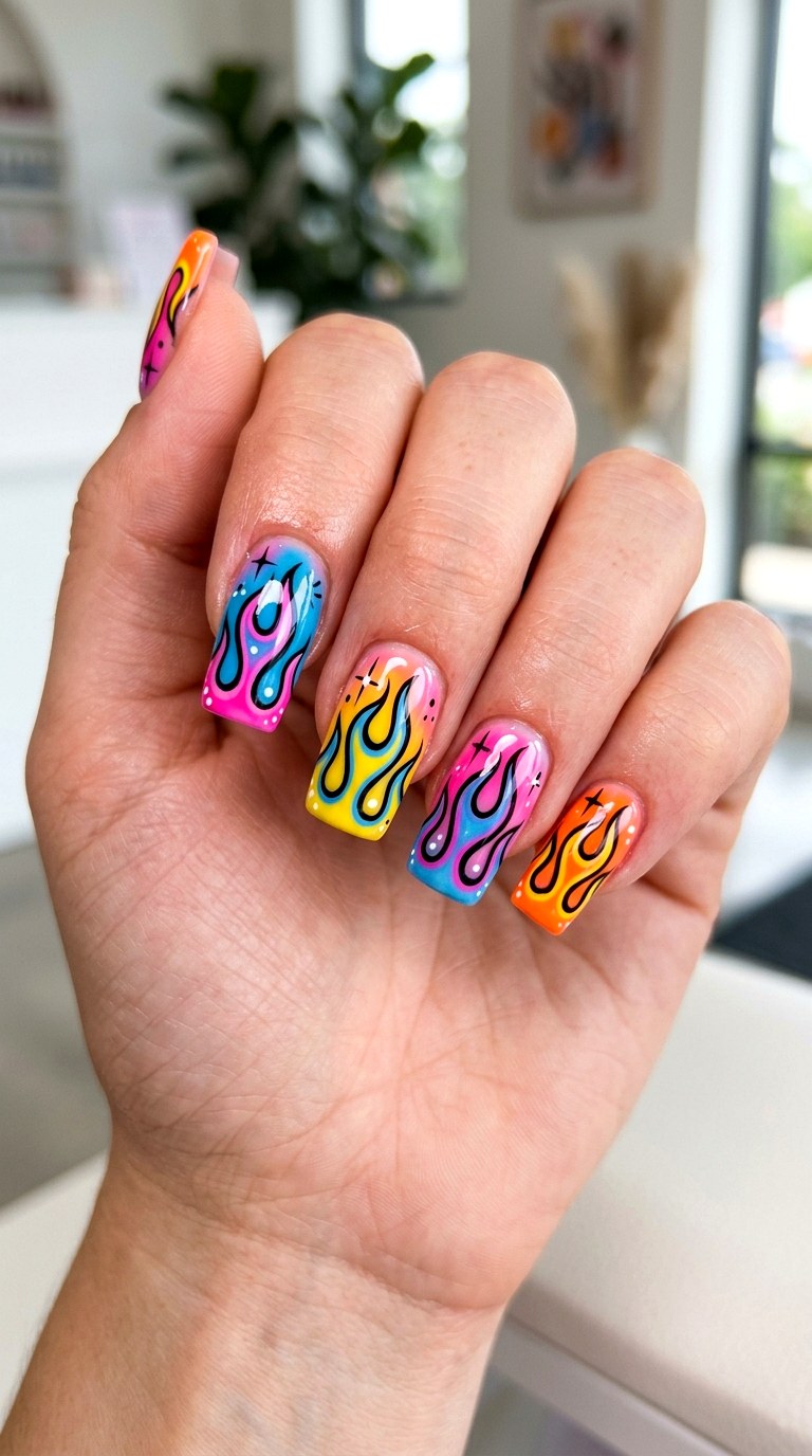 Cartoon Flame Comic Nails - 20 Y2K comic nails design ideas