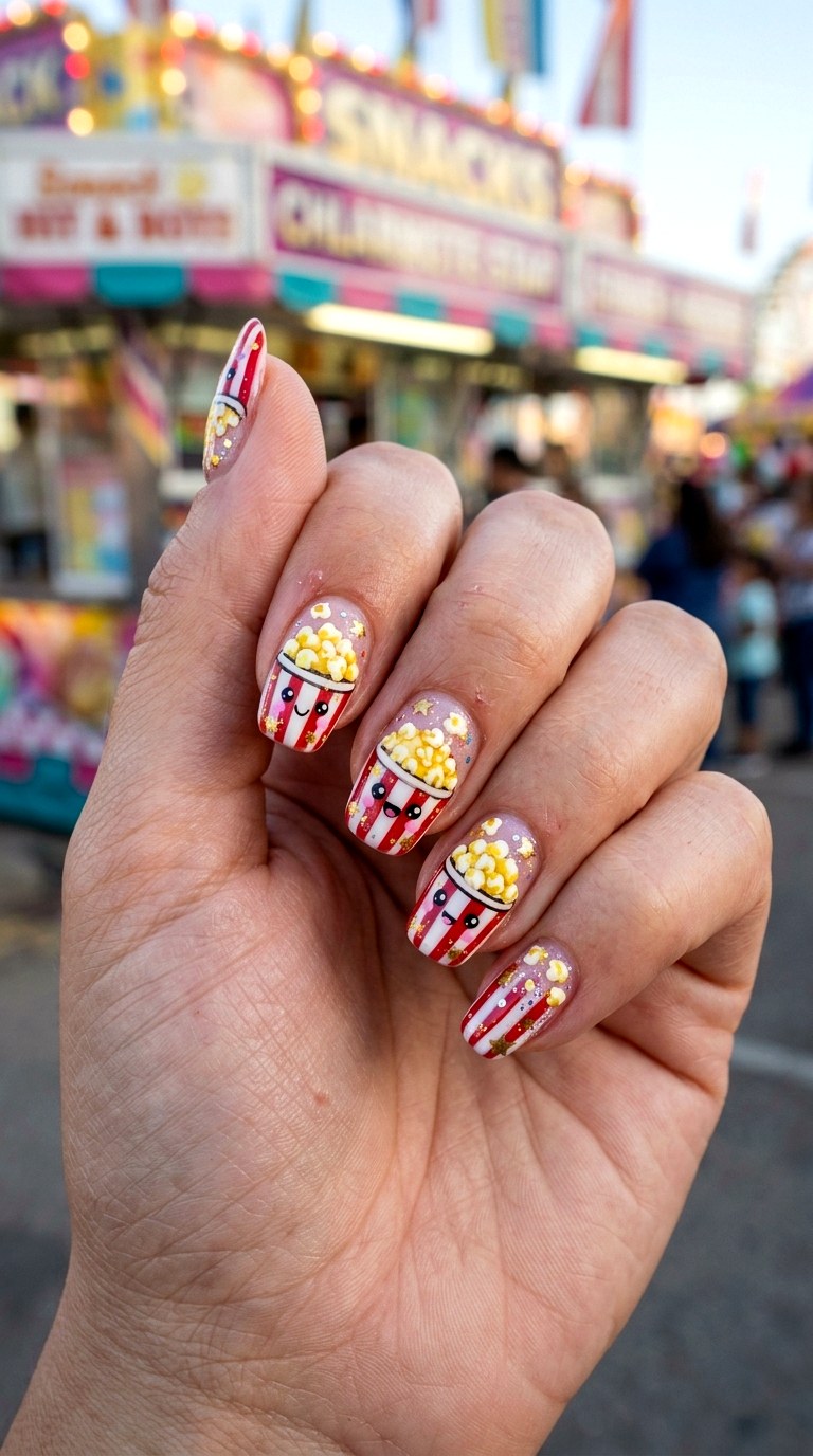Cartoon Popcorn Carnival Nails - 25 cartoon Park nail ideas
