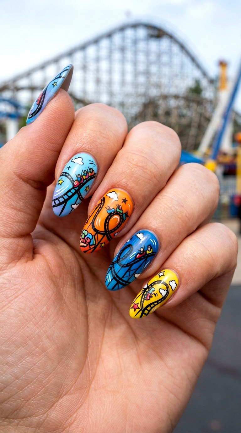 Cartoon Roller Coaster Nail Art - 25 cartoon Park nail ideas
