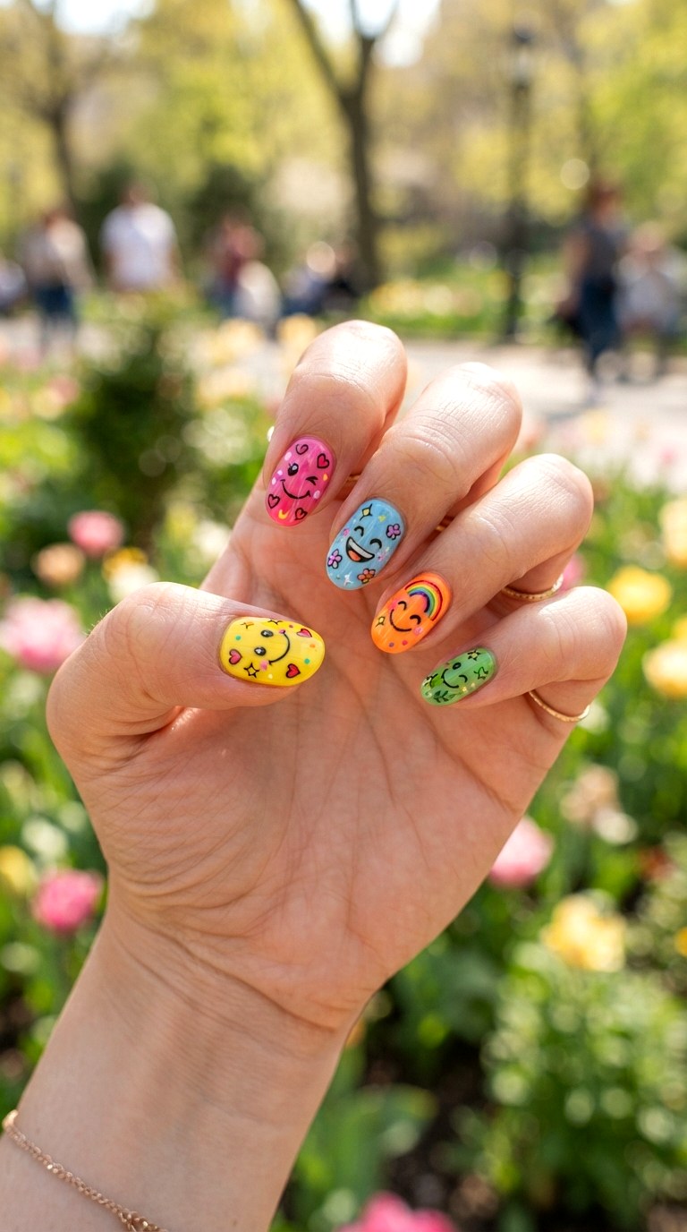Cartoon Smile Face Nails - 25 brigh spring funky nail ideas