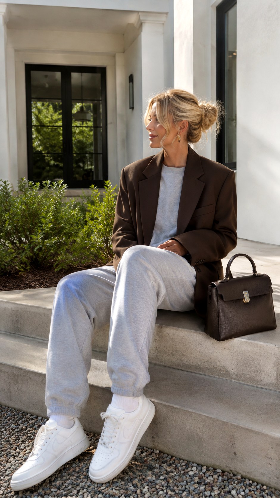 Cashmere Sweatshirt and Grey Sweatpants - 23 brown blazer outfits for women ideas