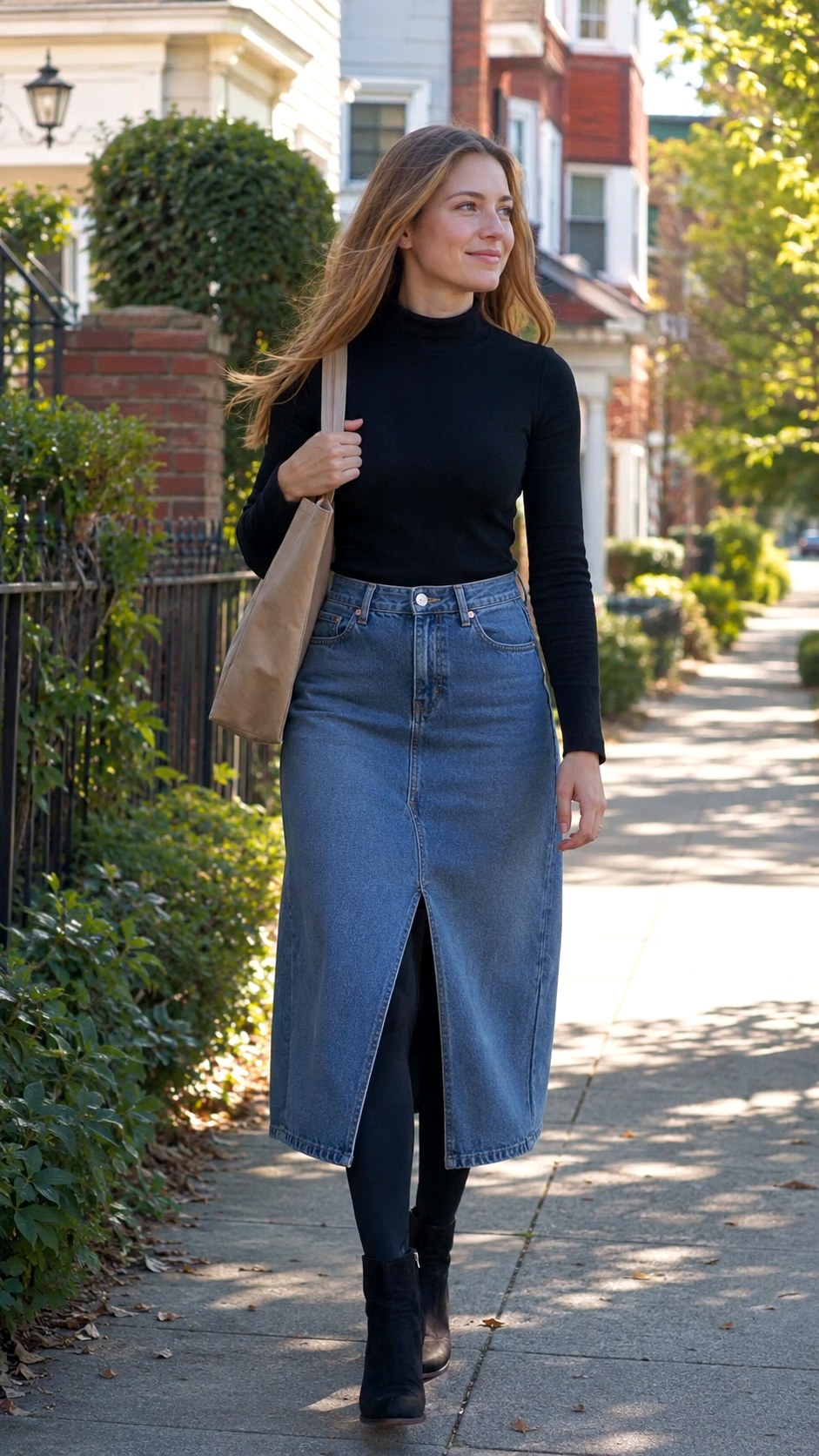 Casual Denim Midi Skirt with Black Leggings - 25 Skirt with Black Leggings Ideas