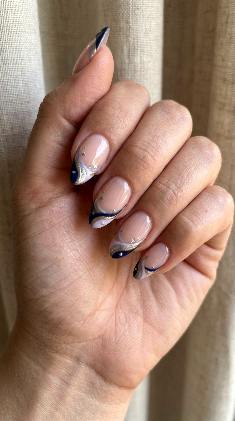 Celestial French Swirl Tips - 25 magical starry swirl nail ideas