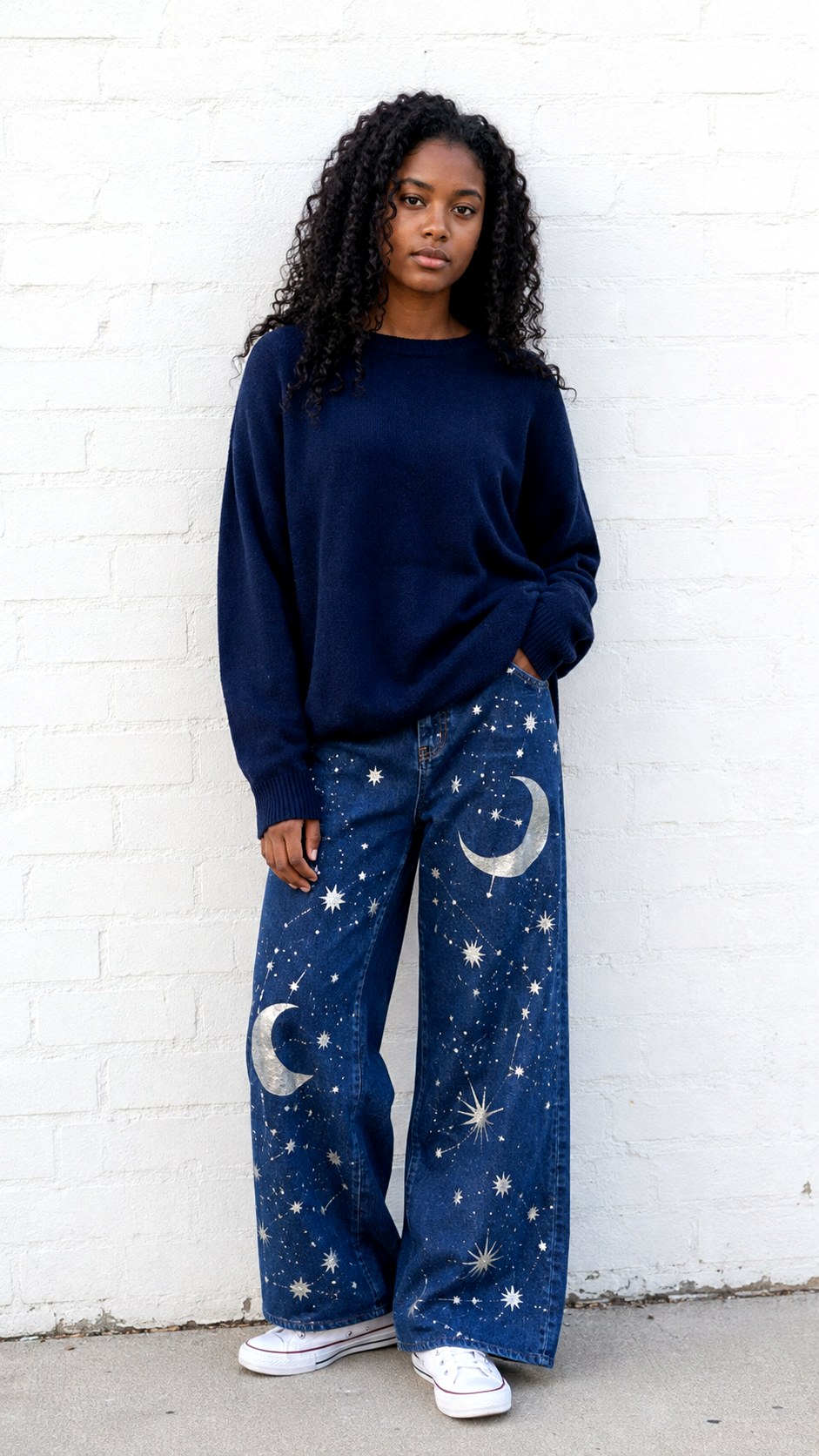 Celestial Moon and Star Jeans - 24 acrylic painted wide leg jeans ideas