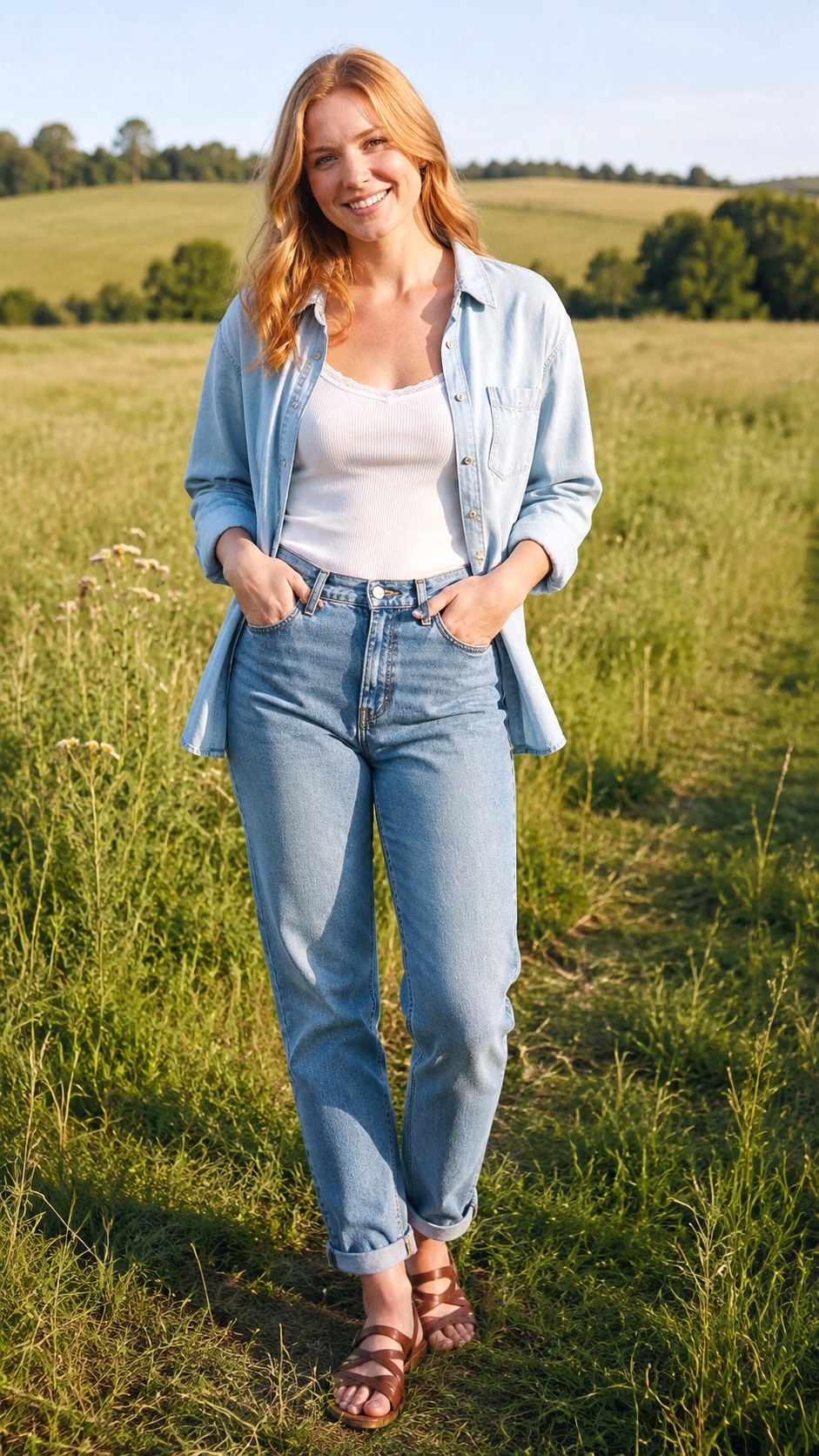 Chambray Shirt and Vintage Wash Jeans - 23 Vintage Wash Jeans outfit Ideas