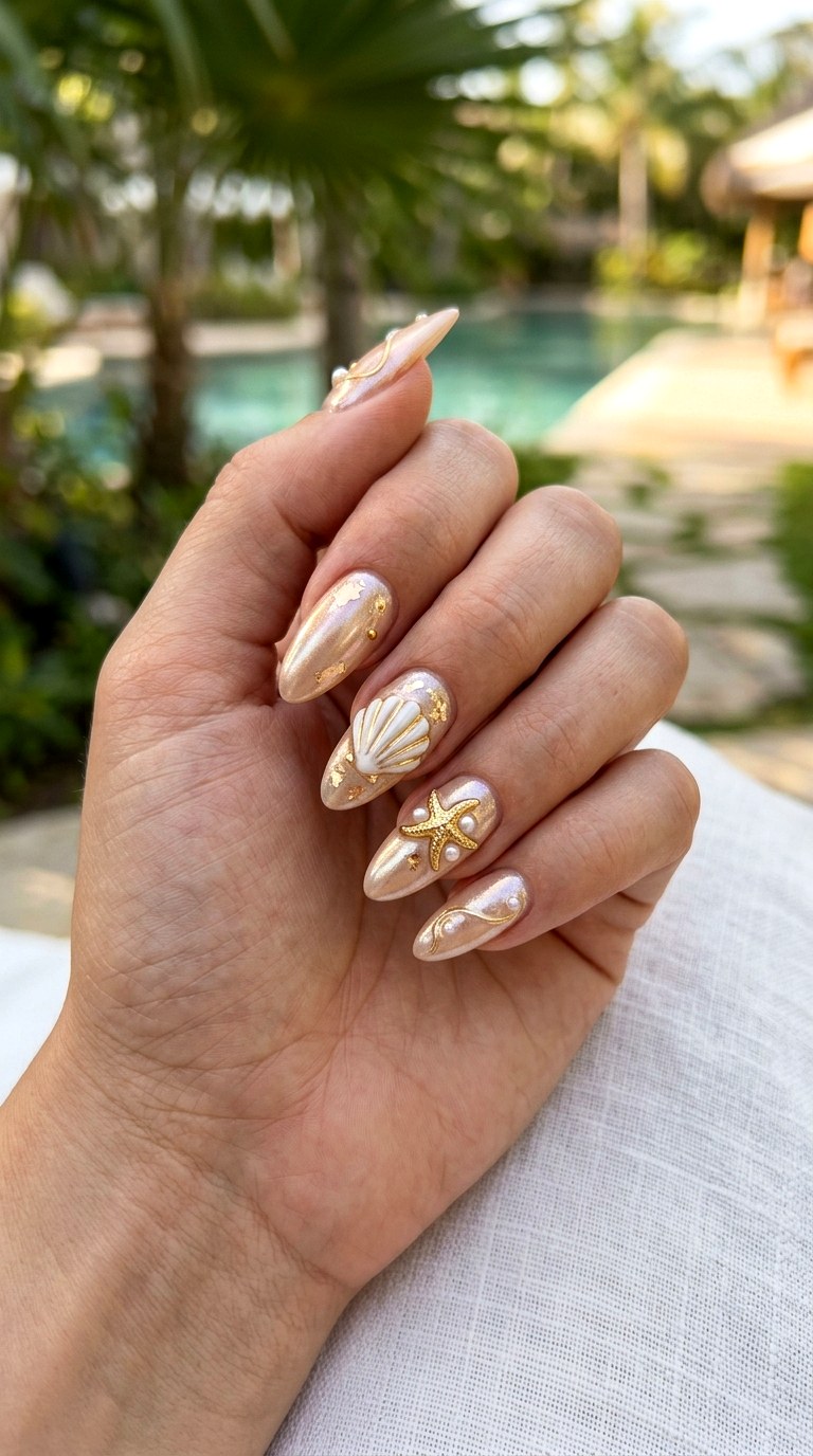 Champagne Pearl Starfish Shimmer - 23 Iridescent Pearl and gold starfish shell nail shimmer design ideas