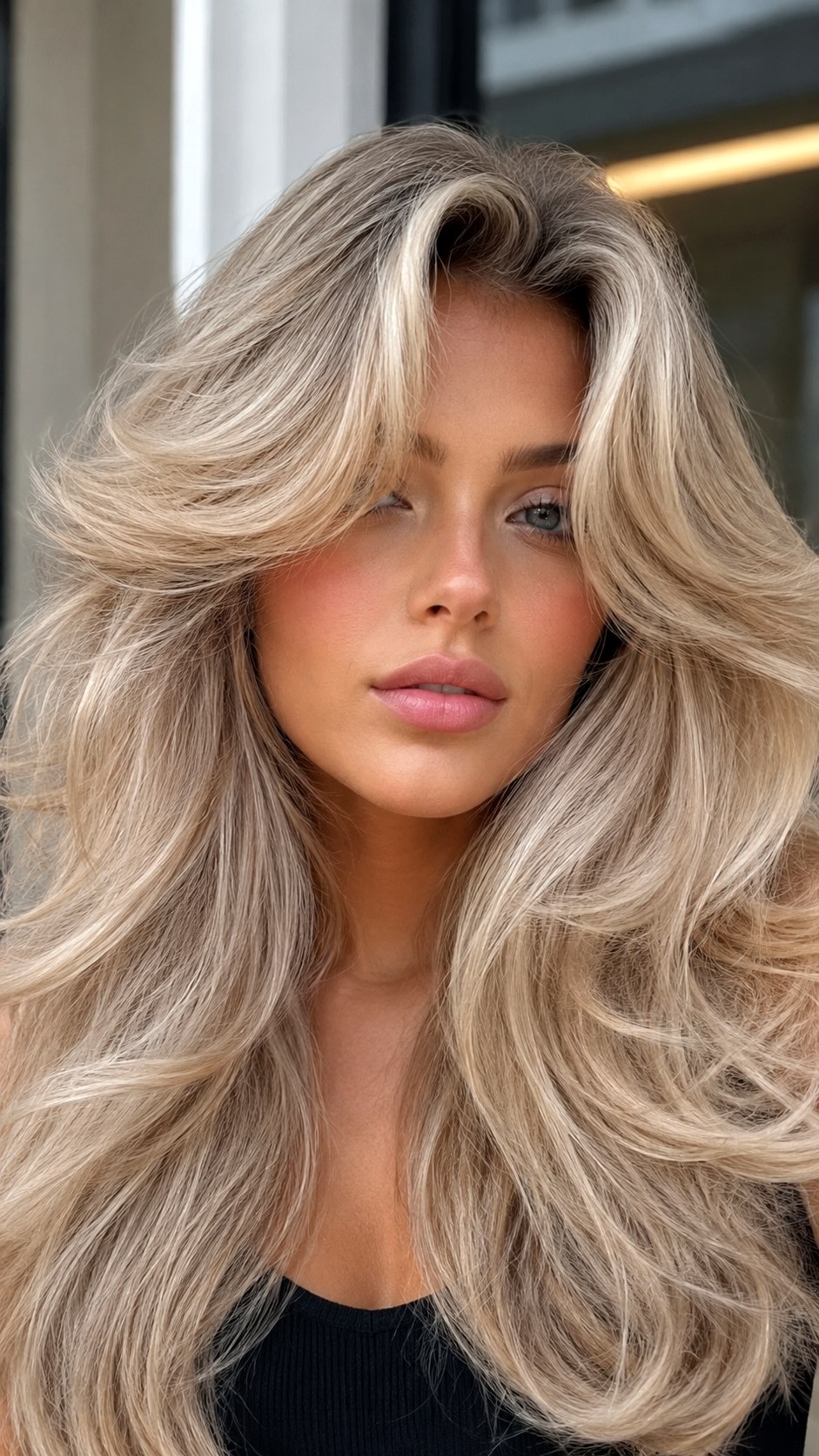 Champagne Swoopy Layered Blowout - 25 Long Layers with Curtain Bangs Ideas