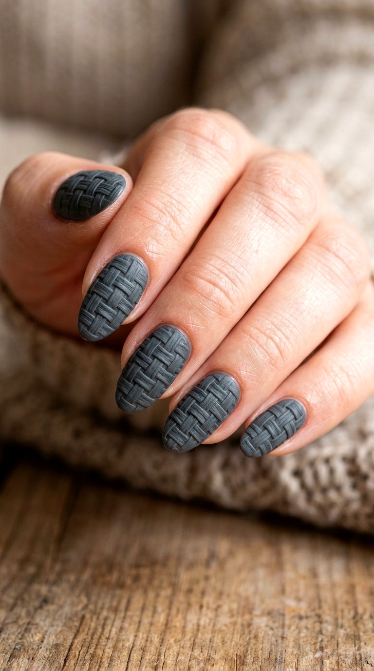 Charcoal Gray Basket Weave Nails - 24 winter sweater nails nail art design ideas