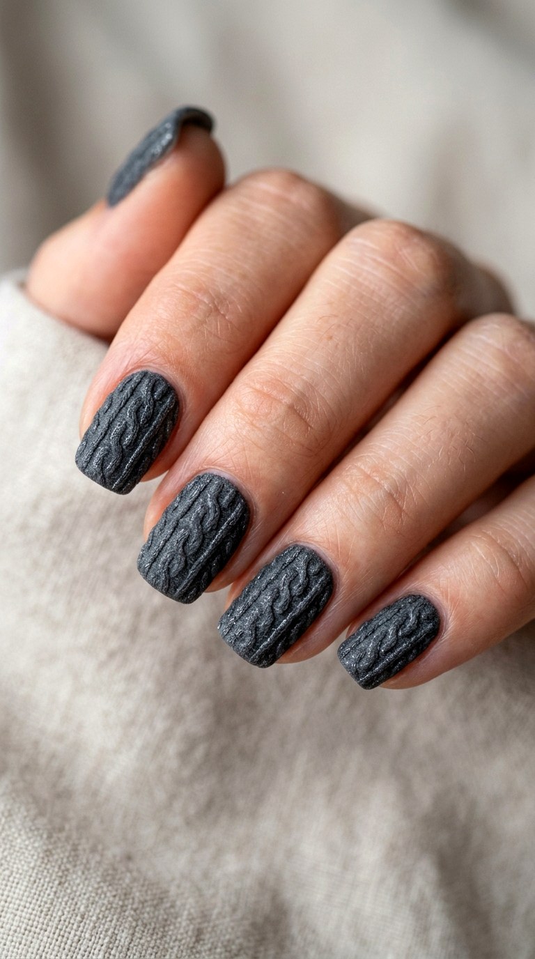 Charcoal Grey Cozy Knit Nails - 23 sweater nails fall nail art design ideas