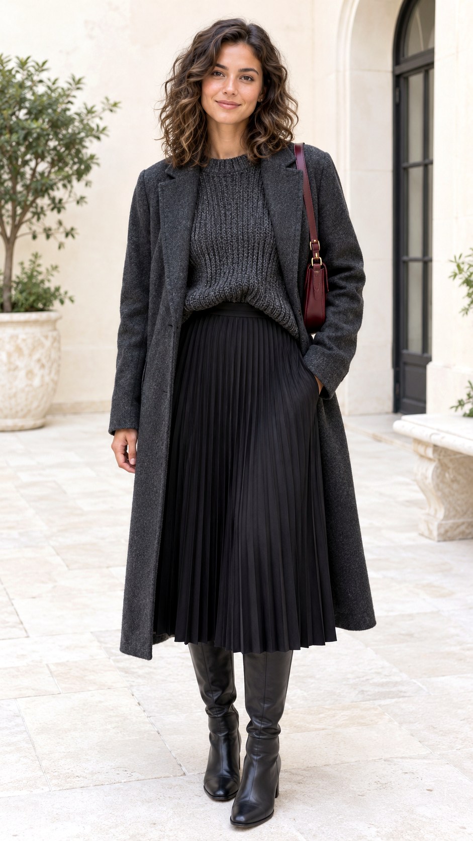 Charcoal Sweater With Pleated Midi Skirt - 20 baddie winter outfits