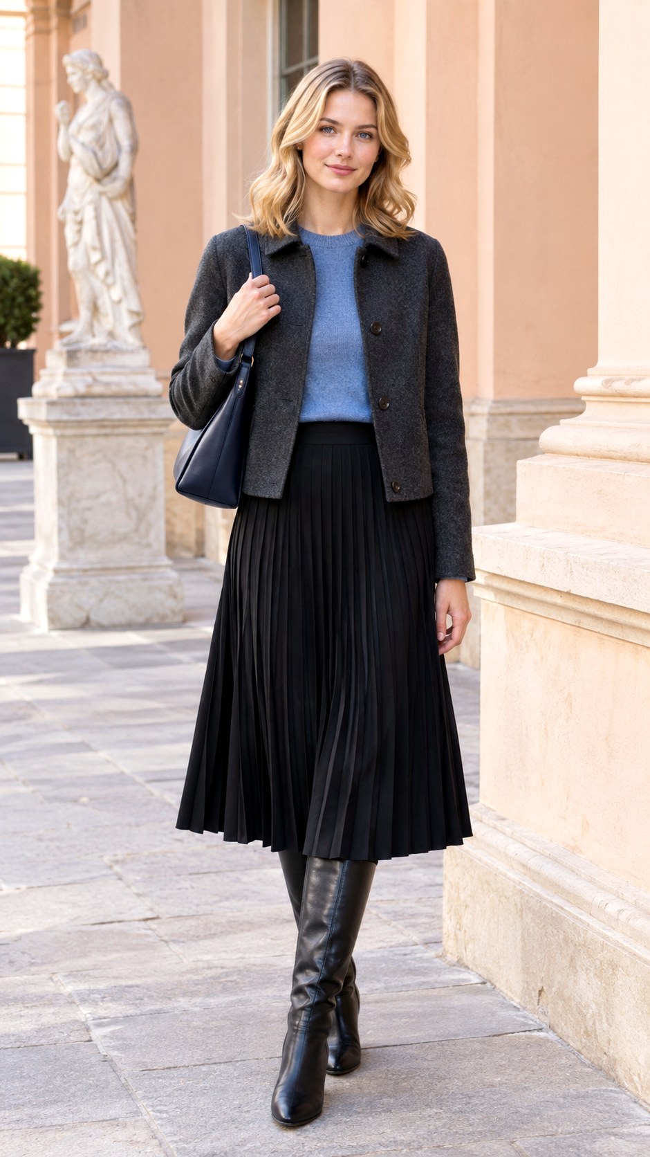 Charcoal Wool Jacket With Pleated Skirt - 20 fall jackets outfit ideas