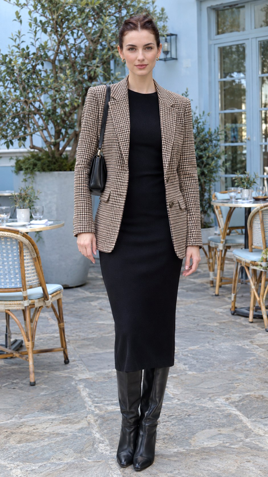 Checked Blazer With Black Midi Dress - 20 fall capsule wardrobe ideas