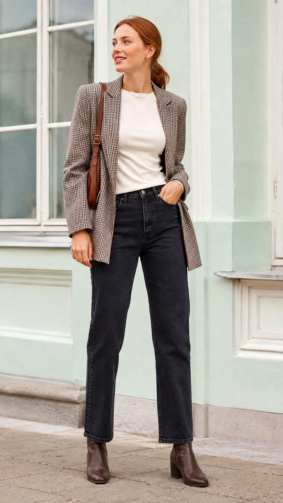 Checked Blazer With Dark Straight Leg Jeans - 20 fall capsule wardrobe ideas