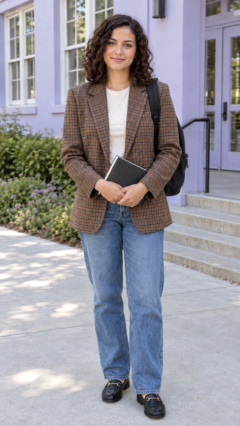 Checked Blazer With Relaxed Jeans - 20 fall outfits for school