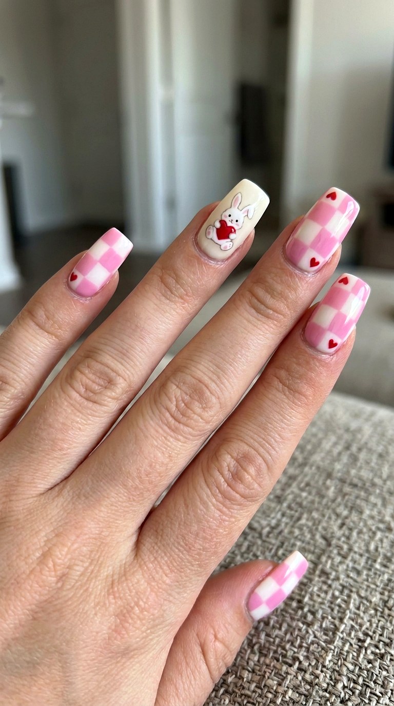 Checkerboard Bunny Love Nails - 25 sweet heart bunny nails idea