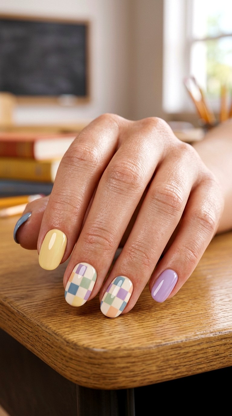 Cheerful Checkerboard Nails - 23 back to school nail art inspiration ideas