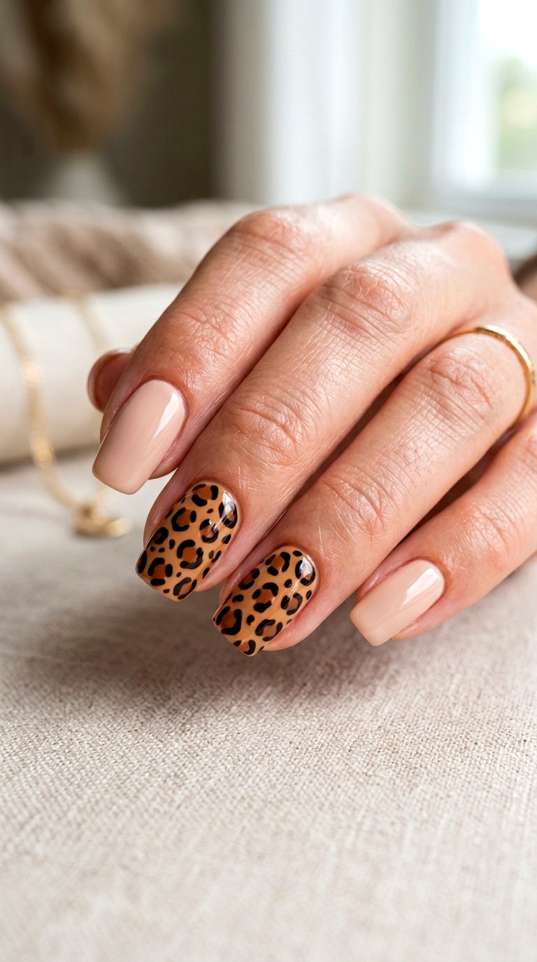 Cheetah Accent Nail Set - 20 Modern cheetah print nail design ideas