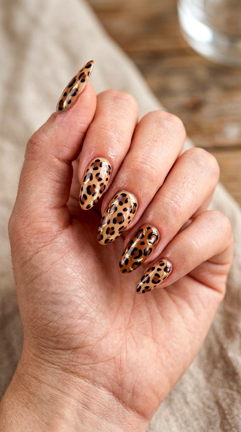 Cheetah With Gold Details - 20 Modern cheetah print nail design ideas