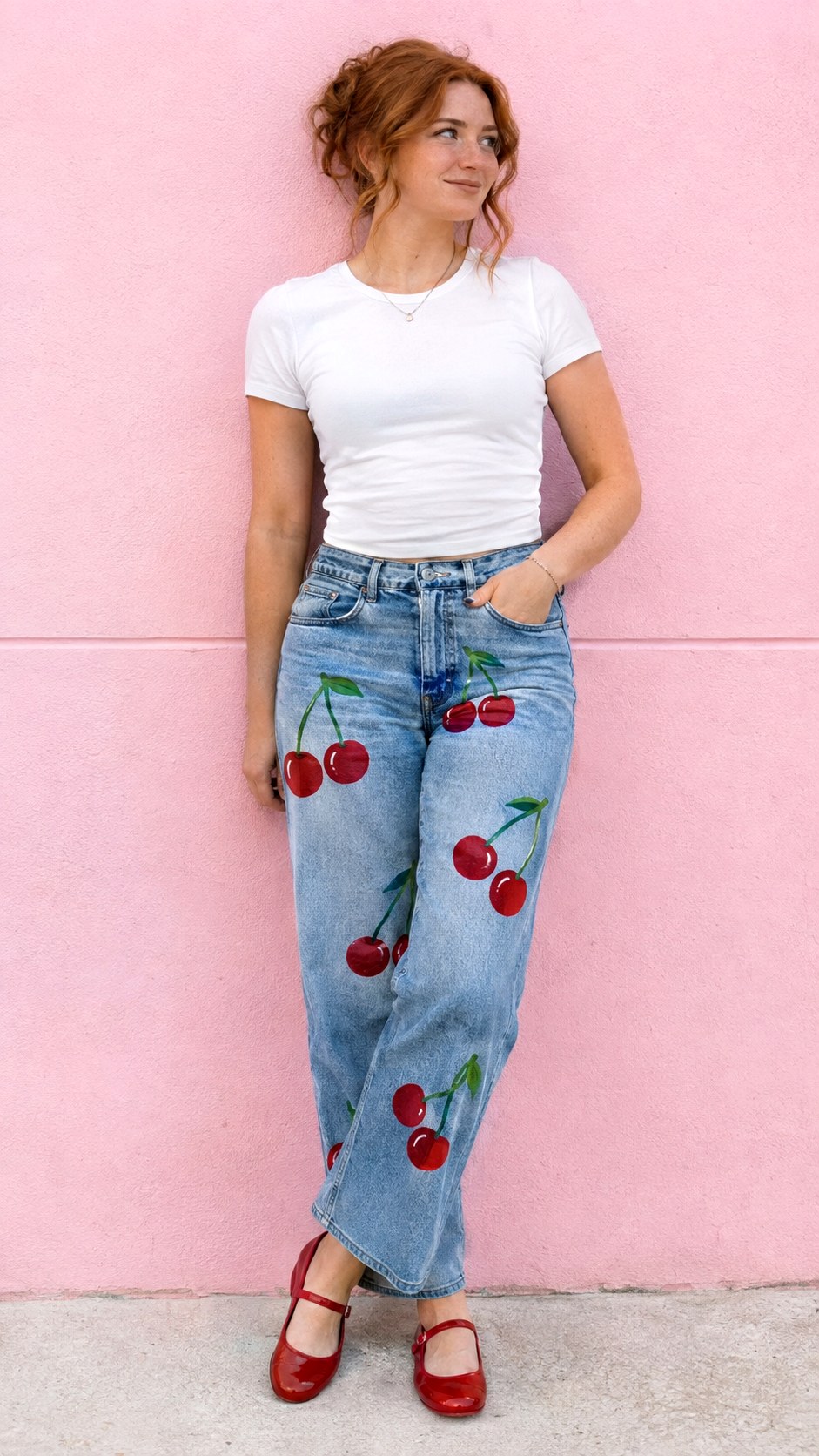 Cherry Red Fruit Embroidery Look - 23 custom hand painted senior jeans ideas