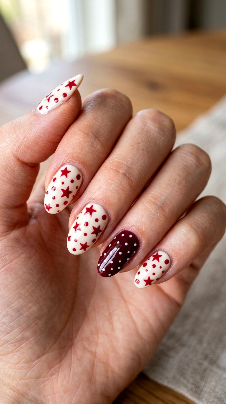 Cherry Red Star Dots - 20 Star and polka dots Nail design ideas