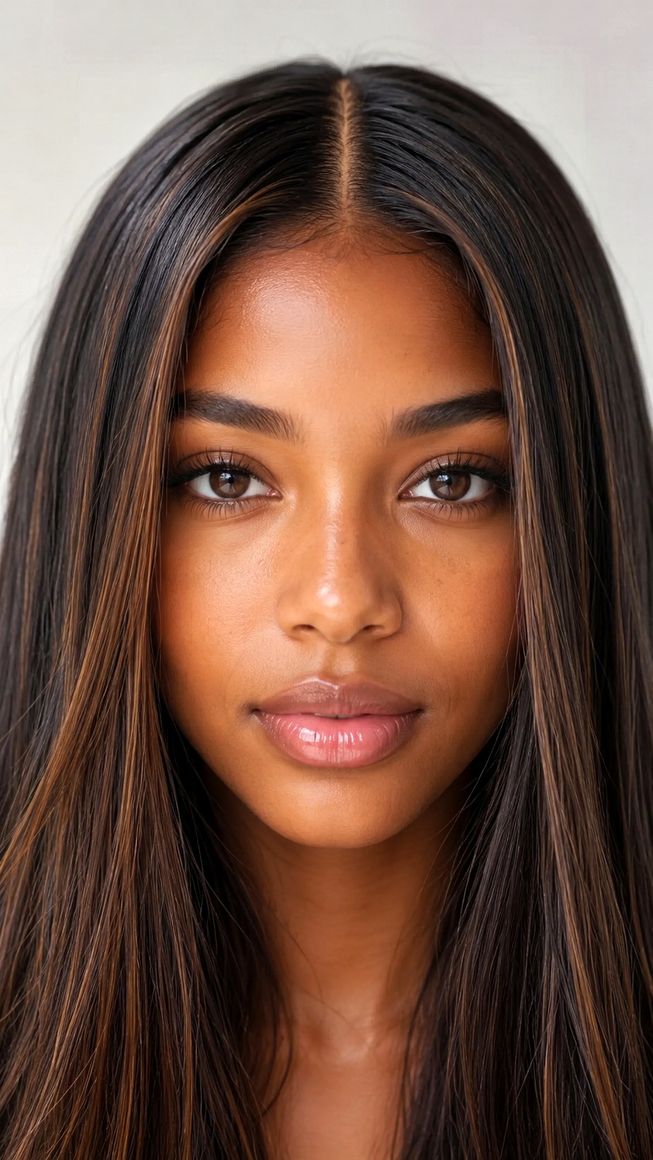 Chestnut Babylights on a Middle Part - 23 hair color for brown skin ideas