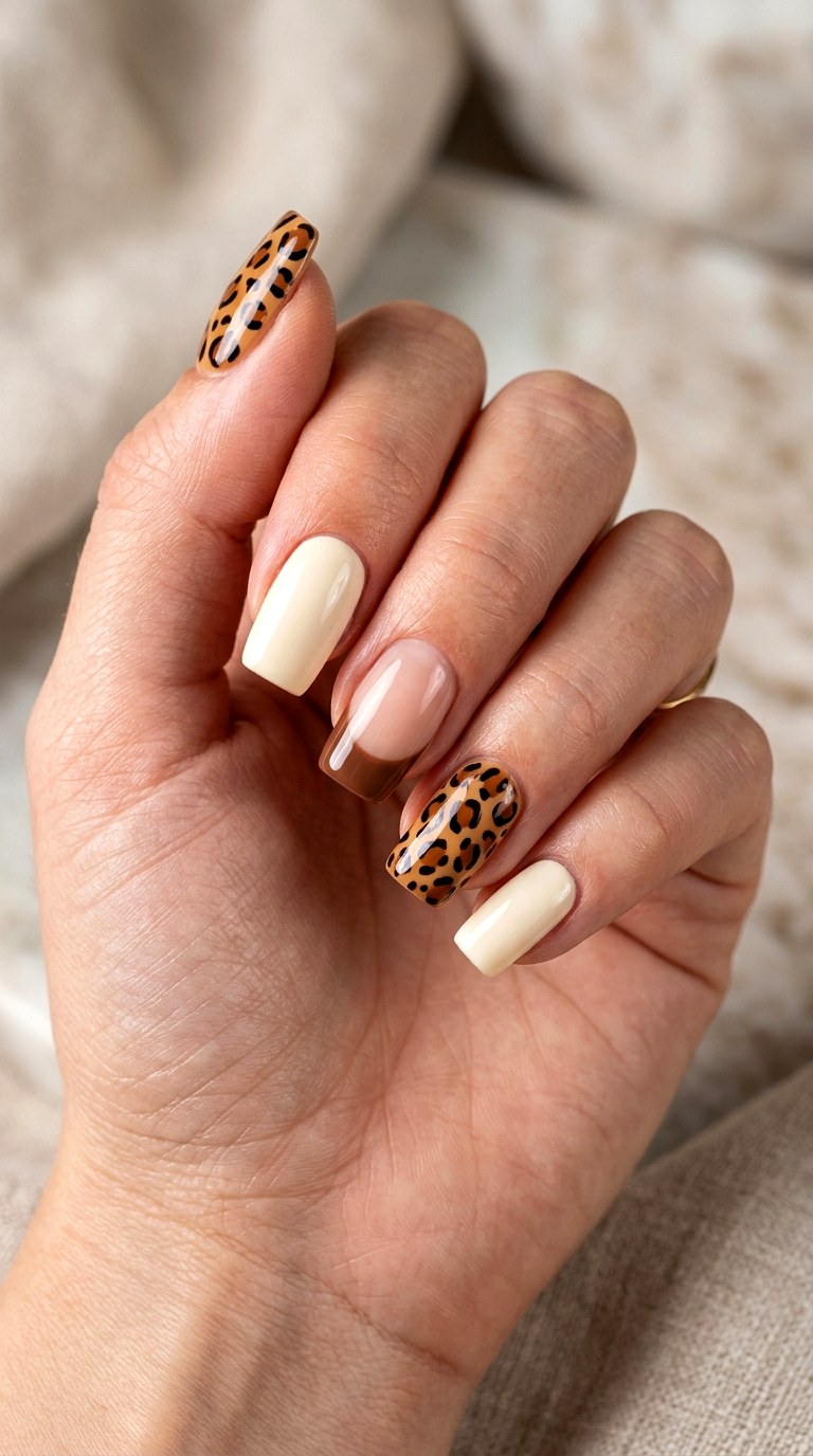 Chocolate And Cream Cheetah Mix - 20 Modern cheetah print nail design ideas