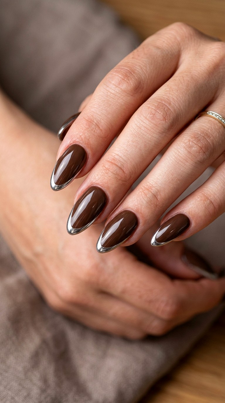 Chocolate Brown Chrome Edges - 20 luxury Chrome outline nail ideas