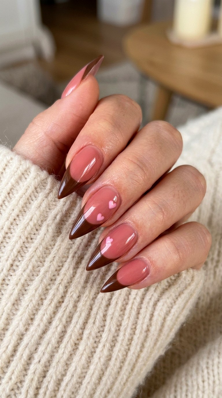 Chocolate Brown French Tips - 22 short stilleto nail with pink and brown nail art inspiration ideas