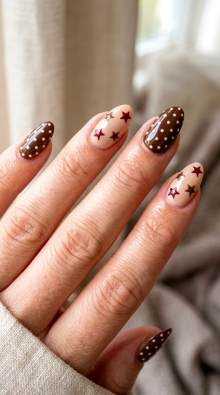 Chocolate Brown Star Mix - 20 Star and polka dots Nail design ideas