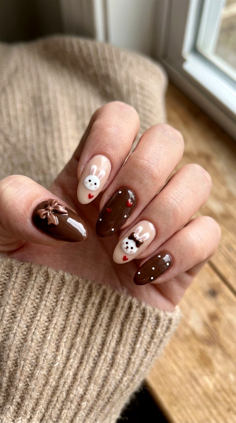 Chocolate Bunny Heart Nails - 25 sweet heart bunny nails idea