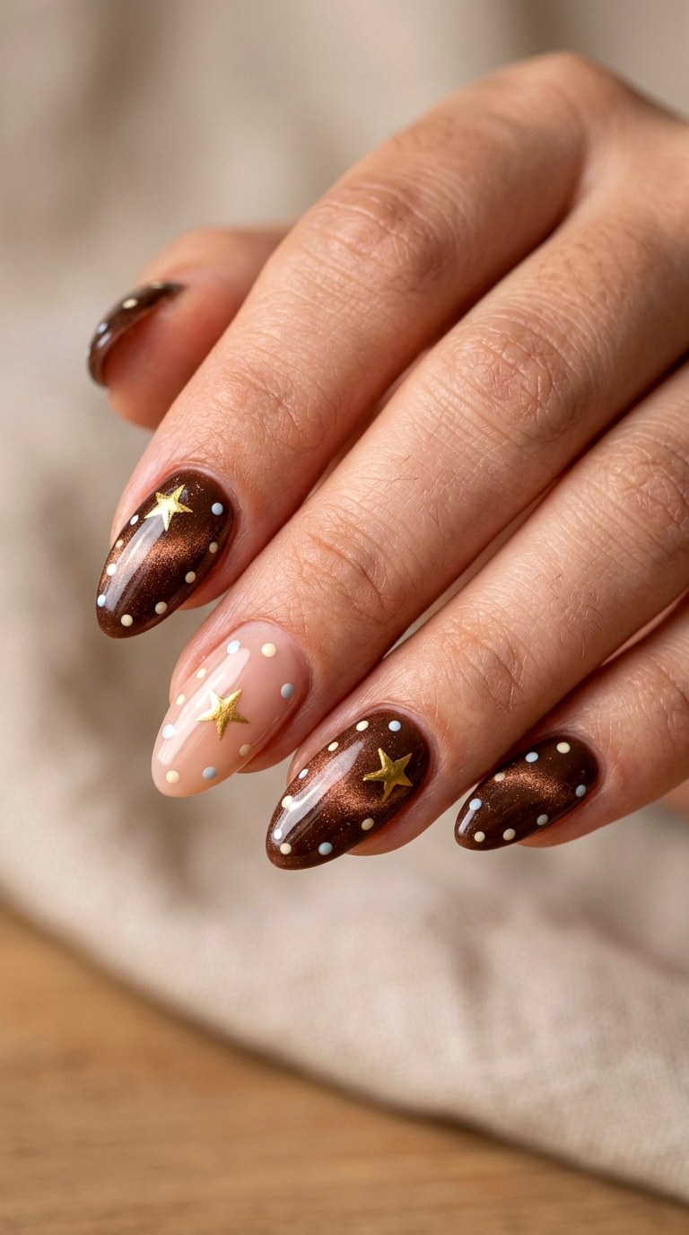 Chocolate Cat Eye Star Dots - 20 Star and polka dots Nail design ideas