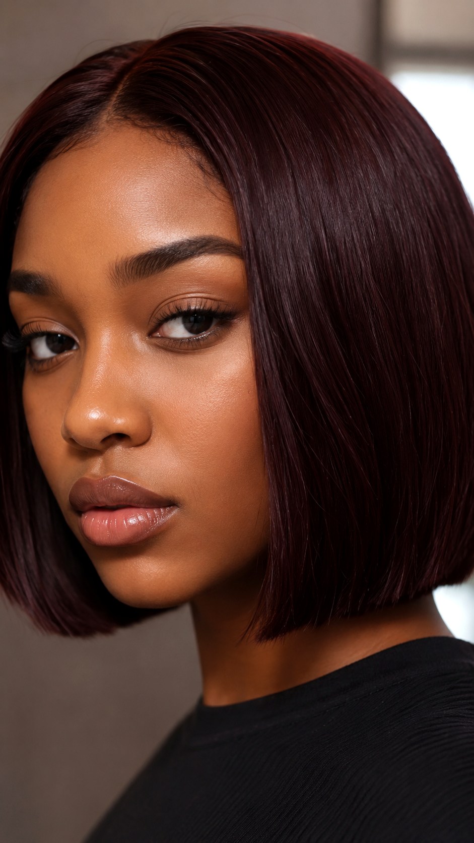 Chocolate Cherry on a Blunt Bob - 23 hair color for brown skin ideas