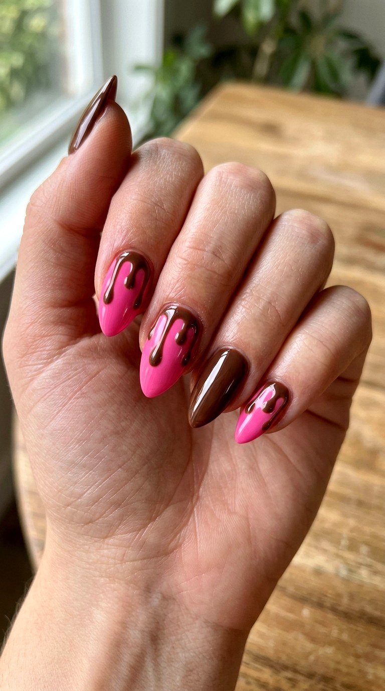 Chocolate Drip Pink Nails - 22 short stilleto nail with pink and brown nail art inspiration ideas