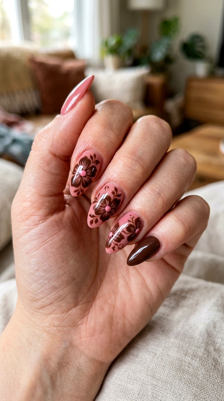 Chocolate Floral Pink Nails - 22 short stilleto nail with pink and brown nail art inspiration ideas