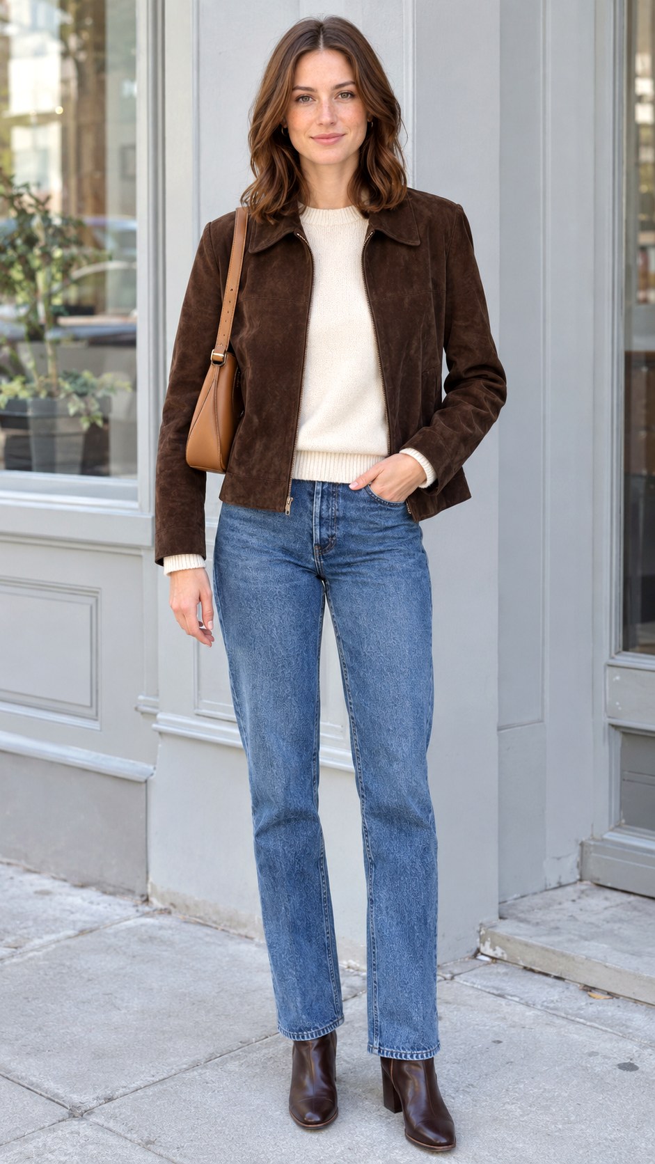 Chocolate Suede Jacket With Straight Jeans - 20 autumn outfits 2026
