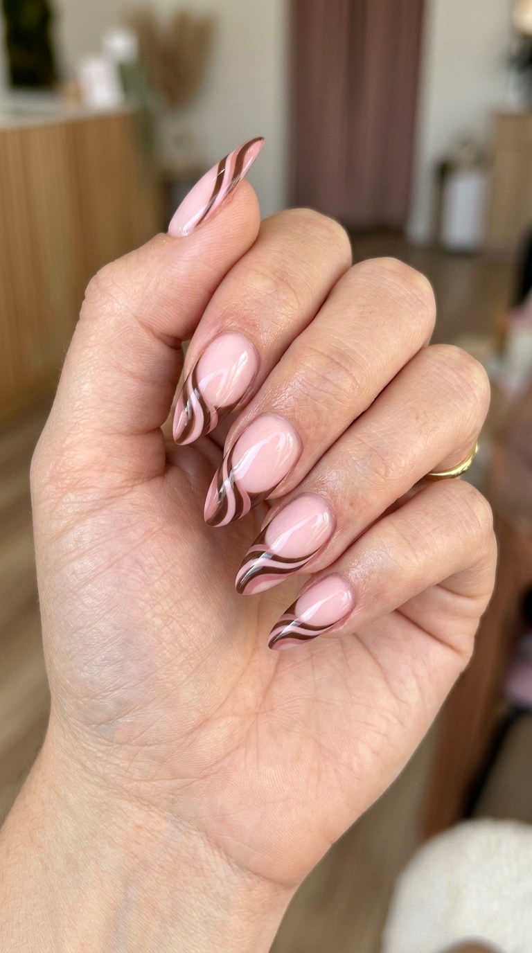 Chocolate Swirl French Tips - 22 short stilleto nail with pink and brown nail art inspiration ideas