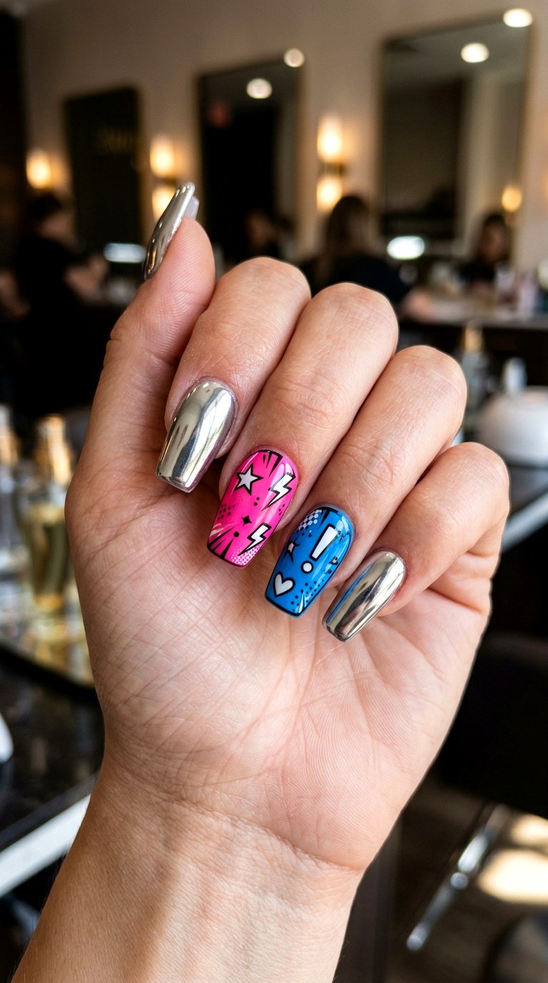Chrome Comic Accent Nails - 20 Y2K comic nails design ideas